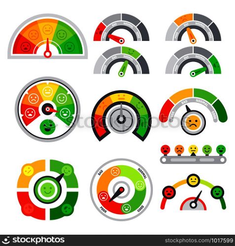 Satisfaction rating meter. Quality speedometer, goods grade indicator and mood graph ratings. Color tachometer indicators. satisfaction speedometers, credit score gauge and customer rate vector icons. Satisfaction rating meter. Quality speedometer, goods grade indicator and mood graph ratings. Color tachometer indicators vector set