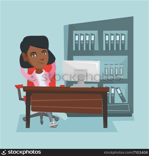 Satisfied african-american employee sitting at workplace in the office. Young relaxed employee relaxing in the office with hands clasped behind head. Vector cartoon illustration. Square layout.. Young african-american employee relaxing in office