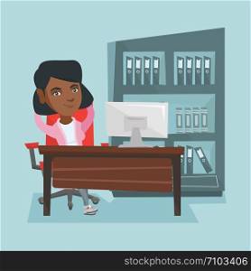 Satisfied african-american employee sitting at workplace in the office. Young relaxed employee relaxing in the office with hands clasped behind head. Vector cartoon illustration. Square layout.. Young african-american employee relaxing in office