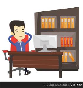 Satisfied asian business man sitting at workplace in the office. Business man relaxing in the office with his hands clasped behind head. Vector flat design illustration isolated on white background.. Satisfied business man relaxing in office.