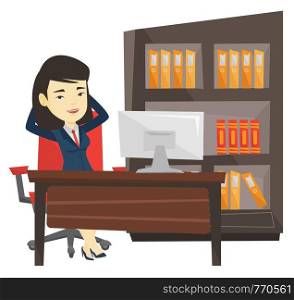 Satisfied asian business woman sitting at workplace in office. Business woman relaxing in the office with her hands clasped behind head. Vector flat design illustration isolated on white background.. Satisfied business woman relaxing in office.