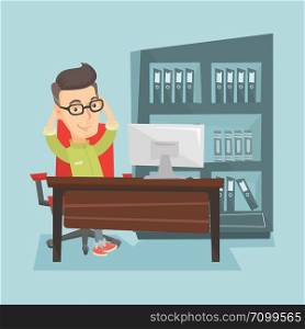 Satisfied business man sitting at workplace in the office. Young successful business man relaxing in the office with his hands clasped behind head. Vector flat design illustration. Square layout.. Satisfied business man relaxing in office.