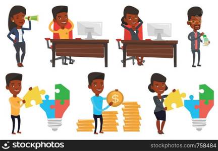 Satisfied business man sitting at workplace in the office. Business man relaxing in the office with his hands clasped behind head. Set of vector flat design illustrations isolated on white background.. Vector set of business characters.