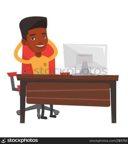 Satisfied business man sitting at workplace in the office. Happy business man relaxing in the office with his hands clasped behind head. Vector flat design illustration isolated on white background.. Business man relaxing in office.