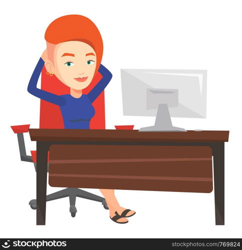 Satisfied business woman sitting at workplace in office. Successful business woman relaxing in office with her hands clasped behind head. Vector flat design illustration isolated on white background.. Business woman relaxing in office.