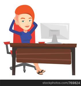 Satisfied business woman sitting at workplace in office. Successful business woman relaxing in office with her hands clasped behind head. Vector flat design illustration isolated on white background.. Business woman relaxing in office.