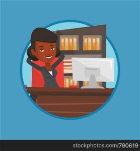 Satisfied business woman sitting at workplace in office. Business woman relaxing in the office with her hands clasped behind head. Vector flat design illustration in the circle isolated on background.. Business woman relaxing in office.
