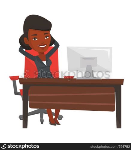 Satisfied businesswoman sitting at workplace in the office. Happy businesswoman relaxing in the office with her hands clasped behind head. Vector flat design illustration isolated on white background.. Business woman relaxing in office.