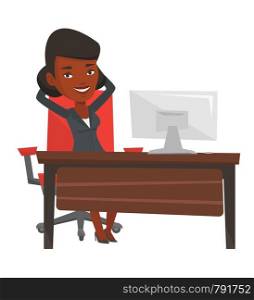 Satisfied businesswoman sitting at workplace in the office. Happy businesswoman relaxing in the office with her hands clasped behind head. Vector flat design illustration isolated on white background.. Business woman relaxing in office.