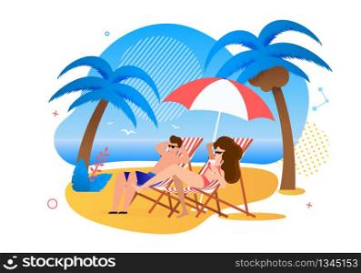 Satisfied Cartoon Married Couple Resting on Tropical Beach. Man and Woman Lying on Deck-Chair under Umbrella. Girlfriend and Boyfriend Sunbathing. Happy Summer Time. Vector Flat Illustration. Satisfied Cartoon Couple Resting on Tropical Beach