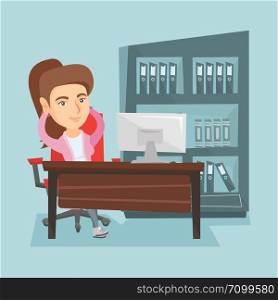 Satisfied caucasian employee sitting at workplace in the office. Young relaxed successful employee relaxing in the office with hands clasped behind head. Vector cartoon illustration. Square layout.. Young caucasian employee relaxing in office.
