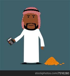 Satisfied happy rich arab businessman using calculator to count his wealth. Business concept of success, wealth, richness, abundance and financial growth. Happy arab businessman counting money