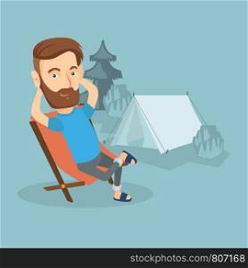 Satisfied hipster man with the beard sitting in a folding chair in the camp. Young caucasian man relaxing and enjoying his camping holiday near the tent. Vector flat design illustration. Square layout. Man sitting in folding chair in the camp.