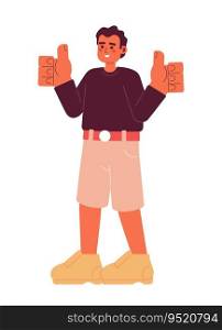 Satisfied young man semi flat color vector character. Thumbs up gesture. Everything all right. Editable full body person on white. Simple cartoon spot illustration for web graphic design. Satisfied young man semi flat color vector character