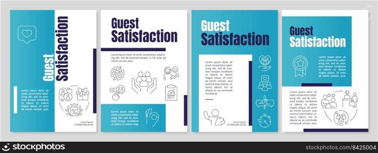 Satisfy guest in hospitality industry turquoise brochure template. Leaflet design with linear icons. Editable 4 vector layouts for presentation, annual reports. Anton, Lato-Regular fonts used. Satisfy guest in hospitality industry turquoise brochure template