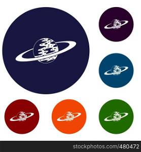 Saturn icons set in flat circle red, blue and green color for web. Saturn icons set