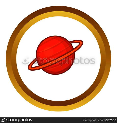 Saturn vector icon in golden circle, cartoon style isolated on white background. Saturn vector icon