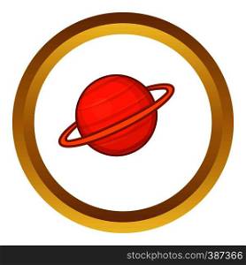 Saturn vector icon in golden circle, cartoon style isolated on white background. Saturn vector icon