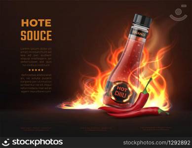 Sauce ad. Realistic 3D glass bottle with hot spicy chilli sauce, advertising background with fire and pepper. Vector illustration kitchen hot product design for culinary banners. Sauce ad. Realistic 3D glass bottle with hot spicy chilli sauce, advertising background with fire and pepper. Vector kitchen product design
