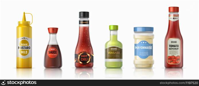 Sauce bottles. Ketchup mayonnaise and mustard realistic containers, hot chilli and soy sauces. Vector design plastic and glass packaging for condiments and other ingredients sauces fast food. Sauce bottles. Ketchup mayonnaise and mustard realistic containers, hot chilli and soy sauces. Vector plastic and glass packaging