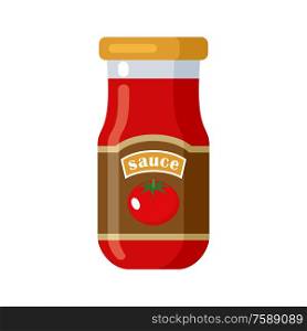 Sauce. Canned. Tinned goods product stuff, preserved food, supplied in a sealed can. Isolated. Vector flat illustration