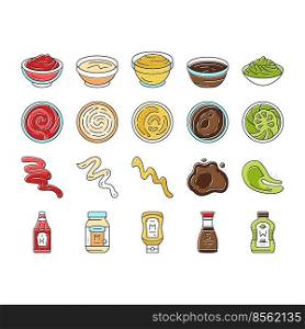 sauce ketchup food mayonnaise icons set vector. mustard, tomato, chili bbq, red splash, dressing spicy, barbecue dip bottle bowl sauce ketchup food mayonnaise color line illustrations. sauce ketchup food mayonnaise icons set vector