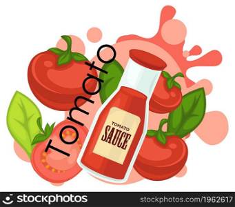 Sauce made of fresh and ripe tomatoes, addition of basil leaves for flavor. Vegetables and herbs, aromatic seasoning and food. Cafe or restaurant menu, advertisement banner or poster. Vector in flat. Tomato sauce in bottle, veggie and basil flavor