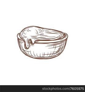 Sauce on plate isolated hand drawn food sketch. Vector bowl with mayonnaise, mustard or ketchup. Ketchup, mayonnaise, mustard or wasabi sauce bowl