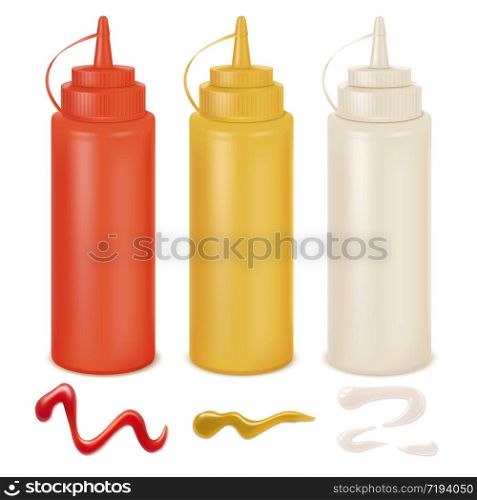 Sauce set. White, red and yellow bottles. Mayonnaise, mustard and ketchup splashes, plastic packaging for branding. Realistic tube pack vector mockup. Sauce set. White, red and yellow bottles. Mayonnaise, mustard and ketchup splashes, plastic packaging for branding. Realistic vector mockup