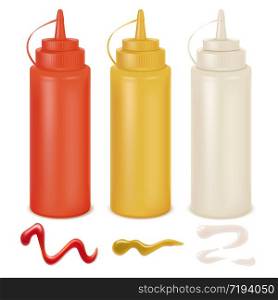 Sauce set. White, red and yellow bottles. Mayonnaise, mustard and ketchup splashes, plastic packaging for branding. Realistic tube pack vector mockup. Sauce set. White, red and yellow bottles. Mayonnaise, mustard and ketchup splashes, plastic packaging for branding. Realistic vector mockup