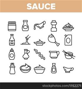 Sauce Spicy Cream Collection Icons Set Vector Thin Line. Ketchup, Mustard And Olive Oil Bottles And Containers, On Chicken Leg Concept Linear Pictograms. Monochrome Contour Illustrations. Sauce Spicy Cream Collection Icons Set Vector