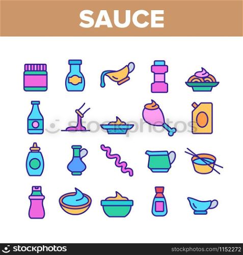 Sauce Spicy Cream Collection Icons Set Vector Thin Line. Ketchup, Mustard And Olive Oil Bottles And Containers, On Chicken Leg Concept Linear Pictograms. Color Illustrations. Sauce Spicy Cream Collection Icons Set Vector