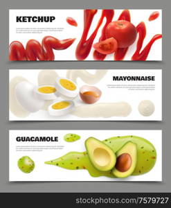 Sauce spots realistic horizontal banners set with guacamole and ketchup isolated vector illustration