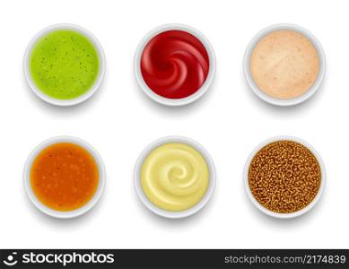 Sauce top view. Gourmet liquid sauce syrup for food garnishing tomato mustard chili green oil wasabi soup in round bowls decent vector realistic collection. Illustration spicy sauce, tomato in bowl. Sauce top view. Gourmet liquid sauce syrup for food garnishing tomato mustard chili green oil wasabi soup in round bowls decent vector realistic collection