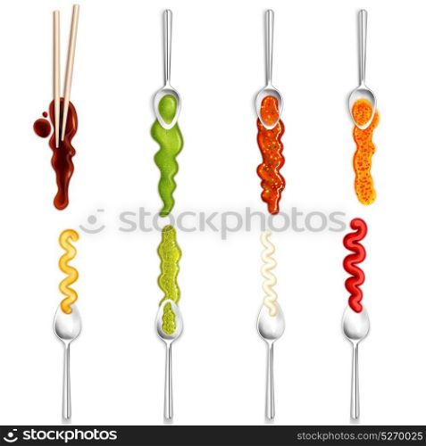 Sauce With Spoon Gourmet Collection . Colorful gourmet collection of isolated icons depicting different sauce with spoon and chopsticks in realistic style vector illustration