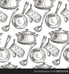 Saucepan with cap, spoon for cooking, frying pan and potholder seamless pattern. Baking mitten and kitchenware, housework tools, protective mittens. Monochrome sketch outline, vector in flat style. Kitchenware saucepan with spoon and baking mitten seamless pattern