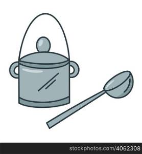 Saucepan with ladle doodle style vector illustration. Kitchenware for cooking isolated object. Dishes for cooking and stewing hand drawn. Saucepan with ladle doodle style vector illustration