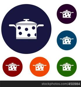Saucepan with white dots icons set in flat circle reb, blue and green color for web. Saucepan with white dots icons set