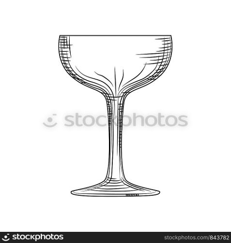 Saucer glass. Hand drawn champagne glass sketch. Empty sparkling wine glass. Engraving style. Vector illustration isolated on white background.. Saucer glass. Hand drawn champagne glass sketch. Empty sparkling wine glass.