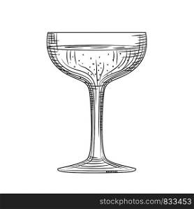Saucer glass. Hand drawn champagne glass sketch. Full sparkling wine glass. Engraving style. Vector illustration isolated on white background.. Hand drawn champagne glass sketch. Full sparkling wine glass.