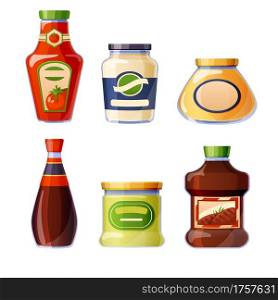 Sauces and dressings in glass bottles isolated on white background. Ketchup, mayonnaise, mustard and soy seasoning in package. Vector cartoon set of different sauces in jars with blank labels. Sauces and dressings in glass bottles