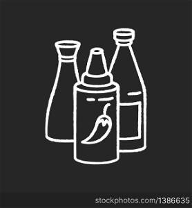 Sauces chalk white icon on black background. Ketchup in bottle. Condiment for barbecue cooking. Recipe ingredient. Meal dressings. Tabasco seasoning in bottle. Isolated vector chalkboard illustration. Sauces chalk white icon on black background