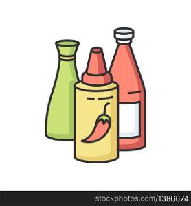 Sauces RGB color icon. Ketchup in bottle. Condiment for barbecue cooking. Recipe ingredient. Meal dressings. Tabasco seasoning in bottle. Chili pepper gravy. Hot sauce. Isolated vector illustration. Sauces RGB color icon
