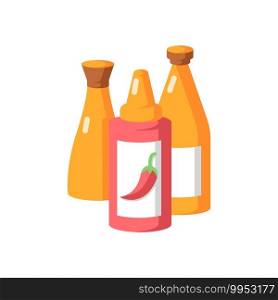 Sauces vector flat color icon. Ketchup in bottle. Condiment for cooking. Meal dressings. Tabasco in bottle. Chili pepper. Hot sauce. Cartoon style clip art for mobile app. Isolated RGB illustration. Sauces vector flat color icon