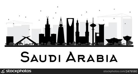 Saudi Arabia City skyline black and white silhouette. Vector illustration. Simple flat concept for tourism presentation, banner, placard or web site. Business travel concept. Cityscape with landmarks