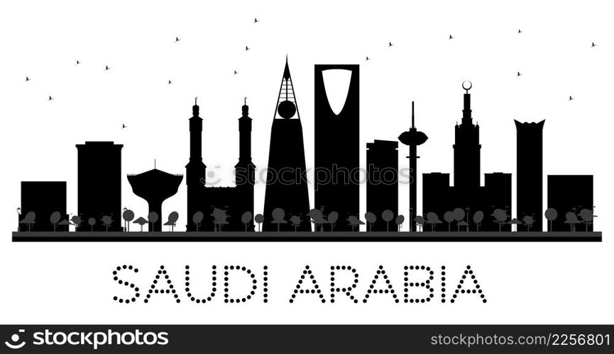 Saudi Arabia skyline black and white silhouette. Vector illustration. Simple flat concept for tourism presentation, banner, placard or web site. Business travel concept. Cityscape with landmarks