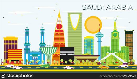 Saudi Arabia Skyline with Color Landmarks and Blue Sky. Vector Illustration. Business Travel and Tourism Concept. Image for Presentation Banner Placard and Web Site.