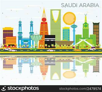 Saudi Arabia Skyline with Color Landmarks and Reflections. Vector Illustration. Business Travel and Tourism Concept. Image for Presentation Banner Placard and Web Site.