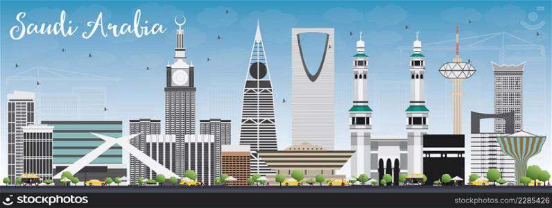Saudi Arabia Skyline with Landmarks and Blue Sky. Vector Illustration. Business Travel and Tourism Concept. Image for Presentation Banner Placard and Web Site.