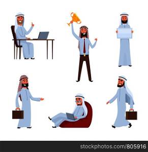 Saudi peoples at work. Arabic cartoon characters. Arabic saudi male people characters arabian business man. Vector illustration. Saudi peoples at work. Arabic cartoon characters